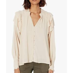 ASTR THE LABEL Rashida Smocked Cuffs & Shoulders Ruffle Poet Blouse Oat Beige L